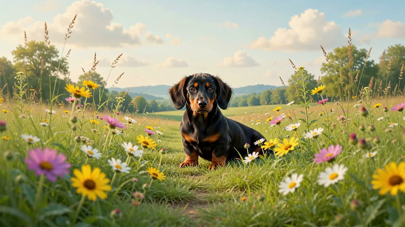 花海中的绒毛腊肠犬