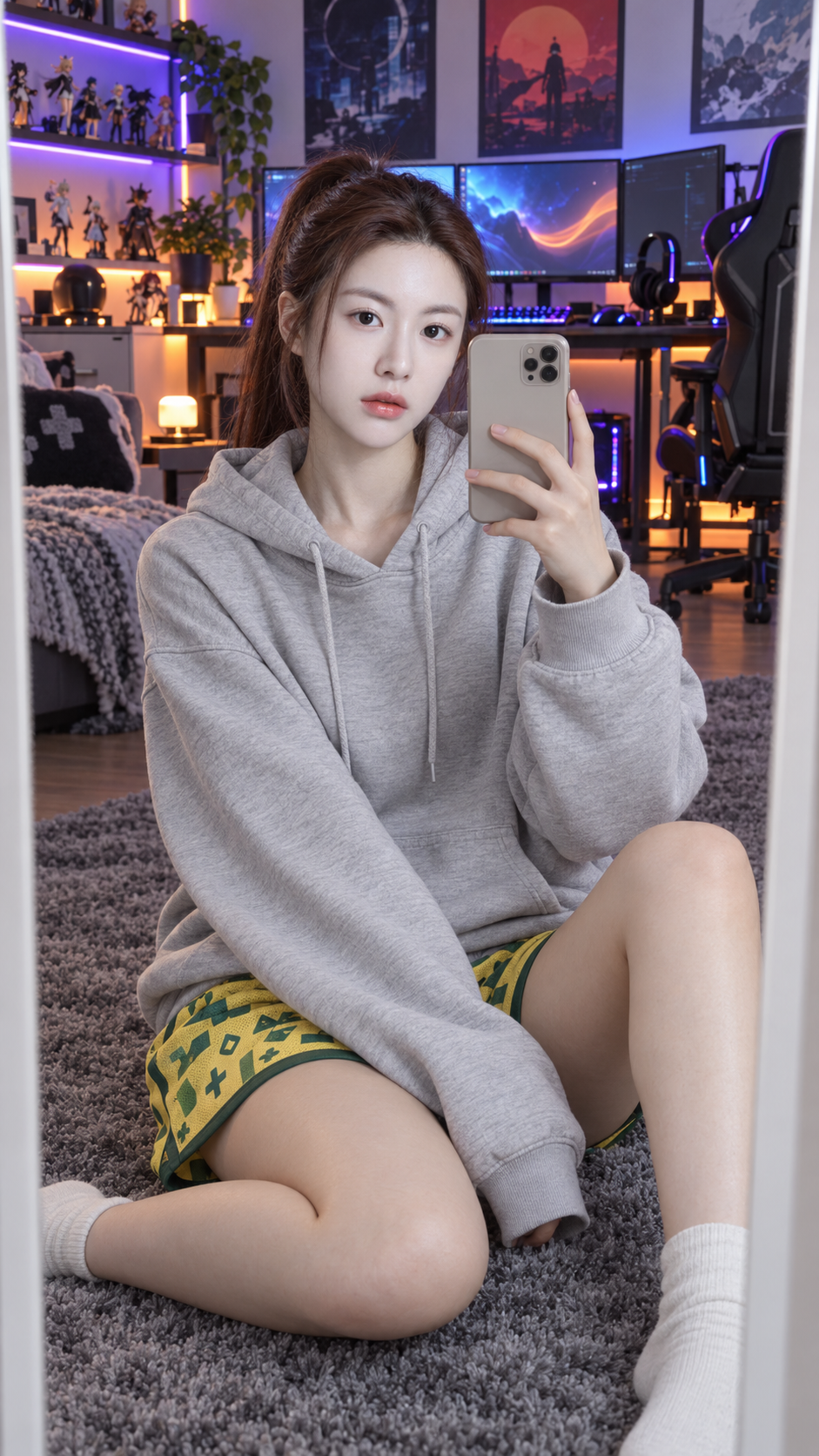 赛博电竞房红发少女对镜展现极致腰臀比