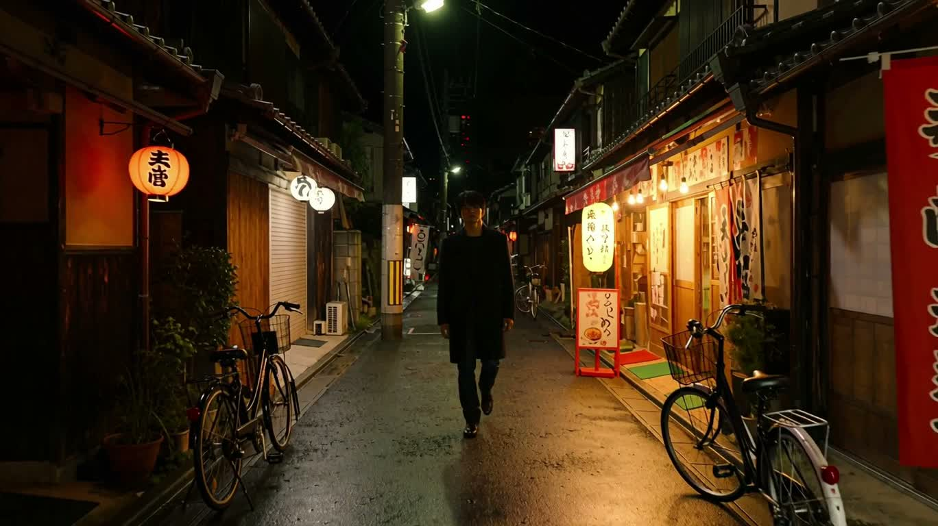 Người đi đơn độc trong ngõ nhỏ Kyoto đêm mưa