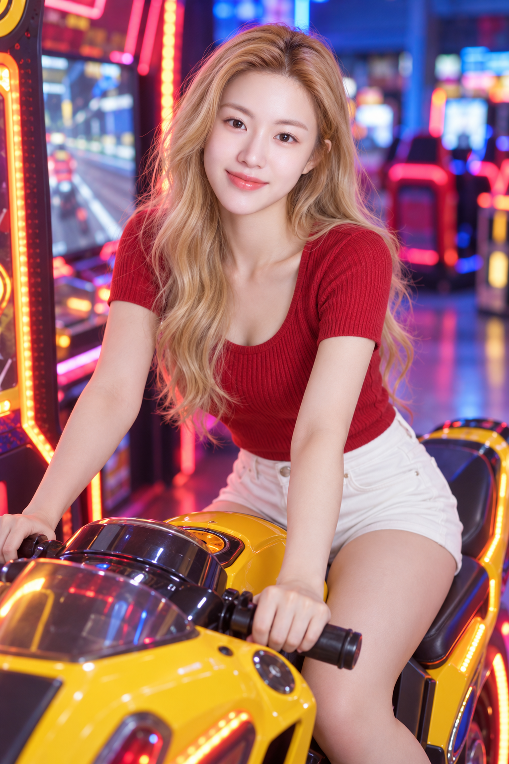 네온 아케이드의 금발 게이머 초상