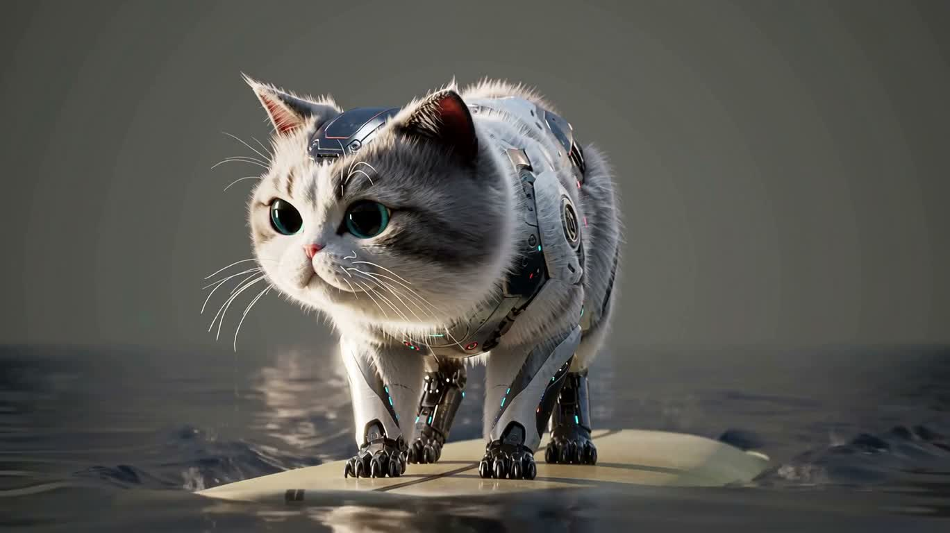 サーフボードに乗ったぬいぐるみサイバー猫