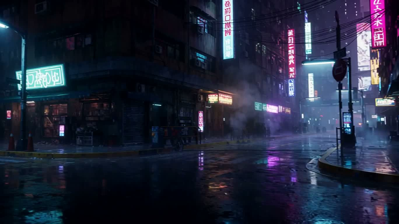 Neon Rainy Night Cyberpunk Street Scene