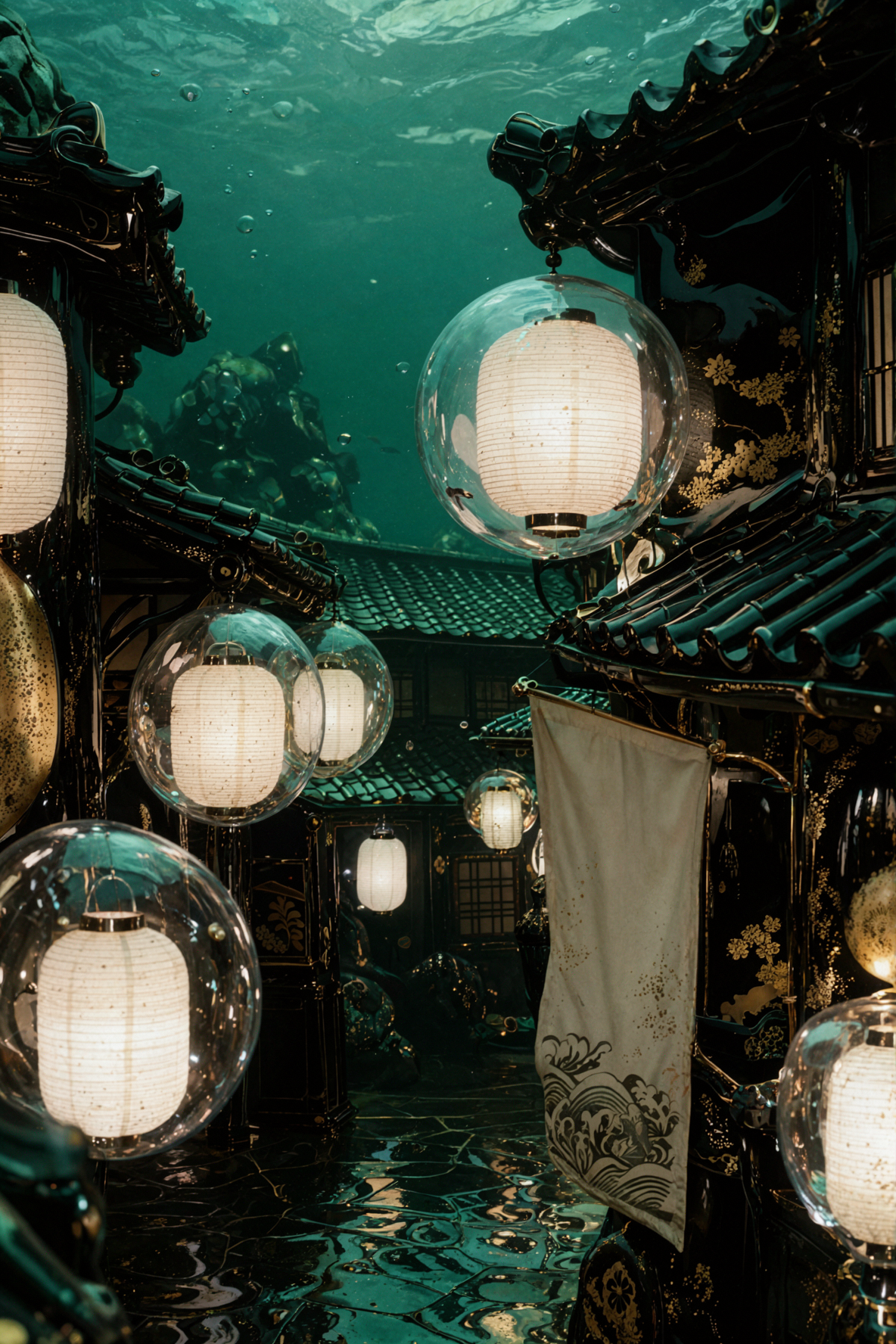 Phố đèn lồng dưới nước · Nghệ thuật sơn mài đen vàng — AI image creation