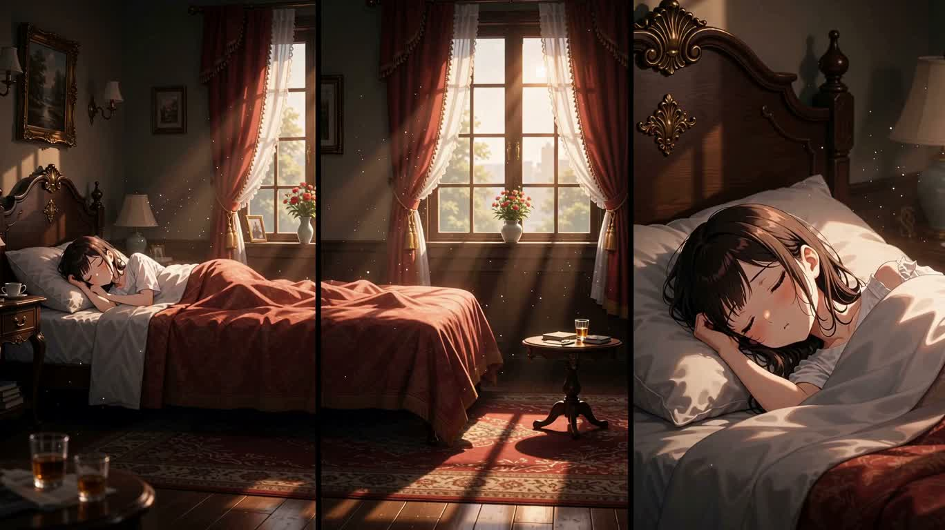 Sleeping Girl in a Dark Room Triptych — AI video creation