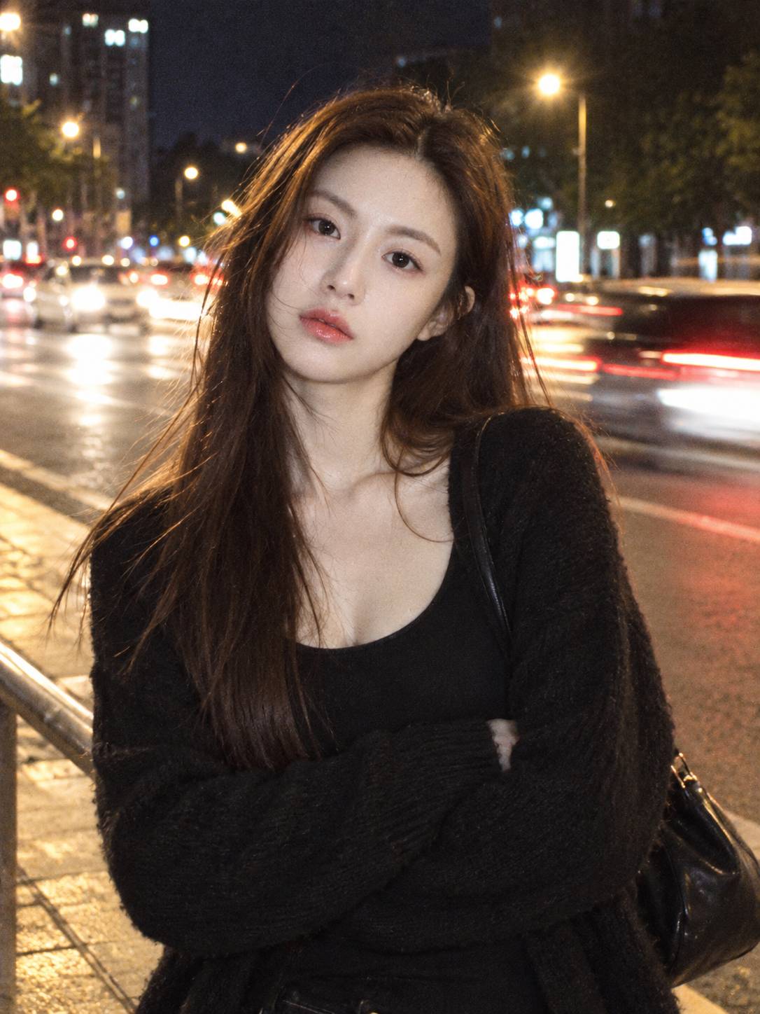 필름 질감의 여성 야간 스냅사진