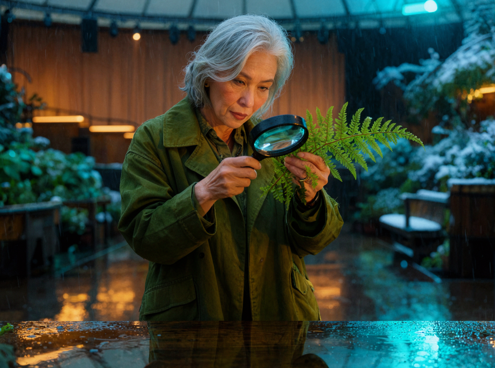Silver-haired Adult Female Botanist · Leaf Vein Observation · Rainy Night Neon