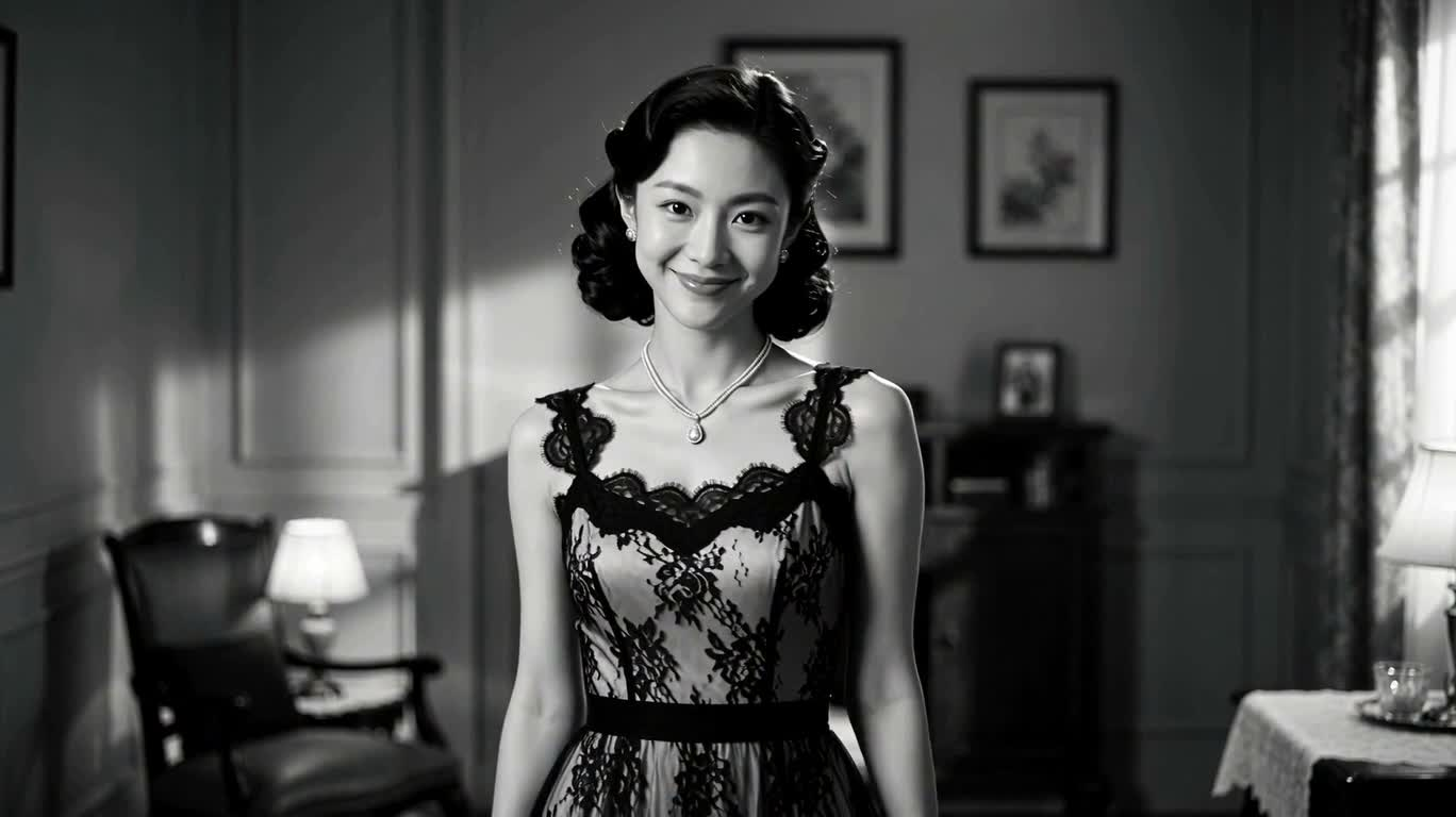 Glamour rétro en noir et blanc d'une femme au foyer se retournant