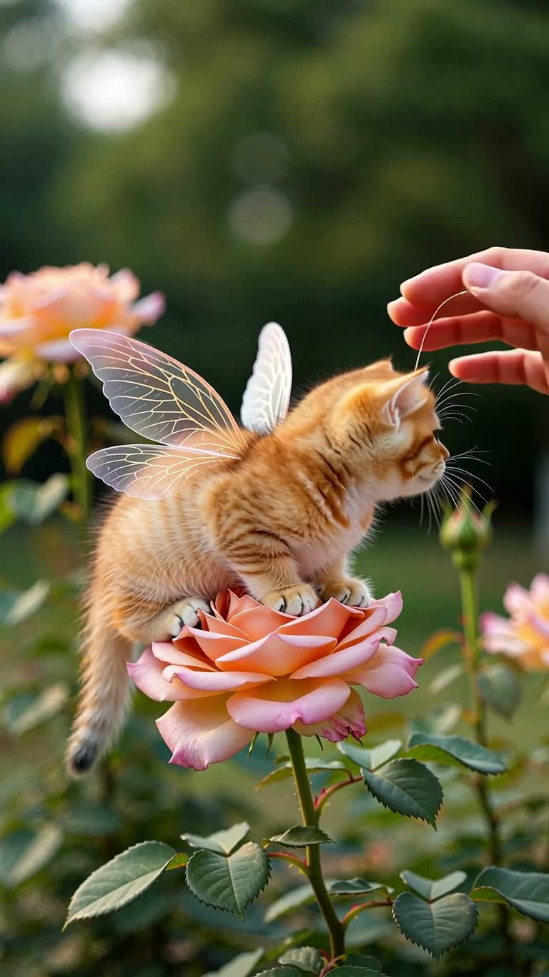 Petit chat volant sur une rose — AI video creation