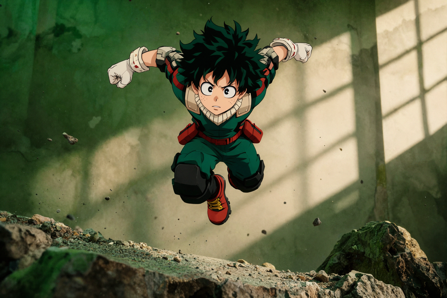 Izuku Midoriya · Leaping Through Clouds · Wide-Angle Close-Up
