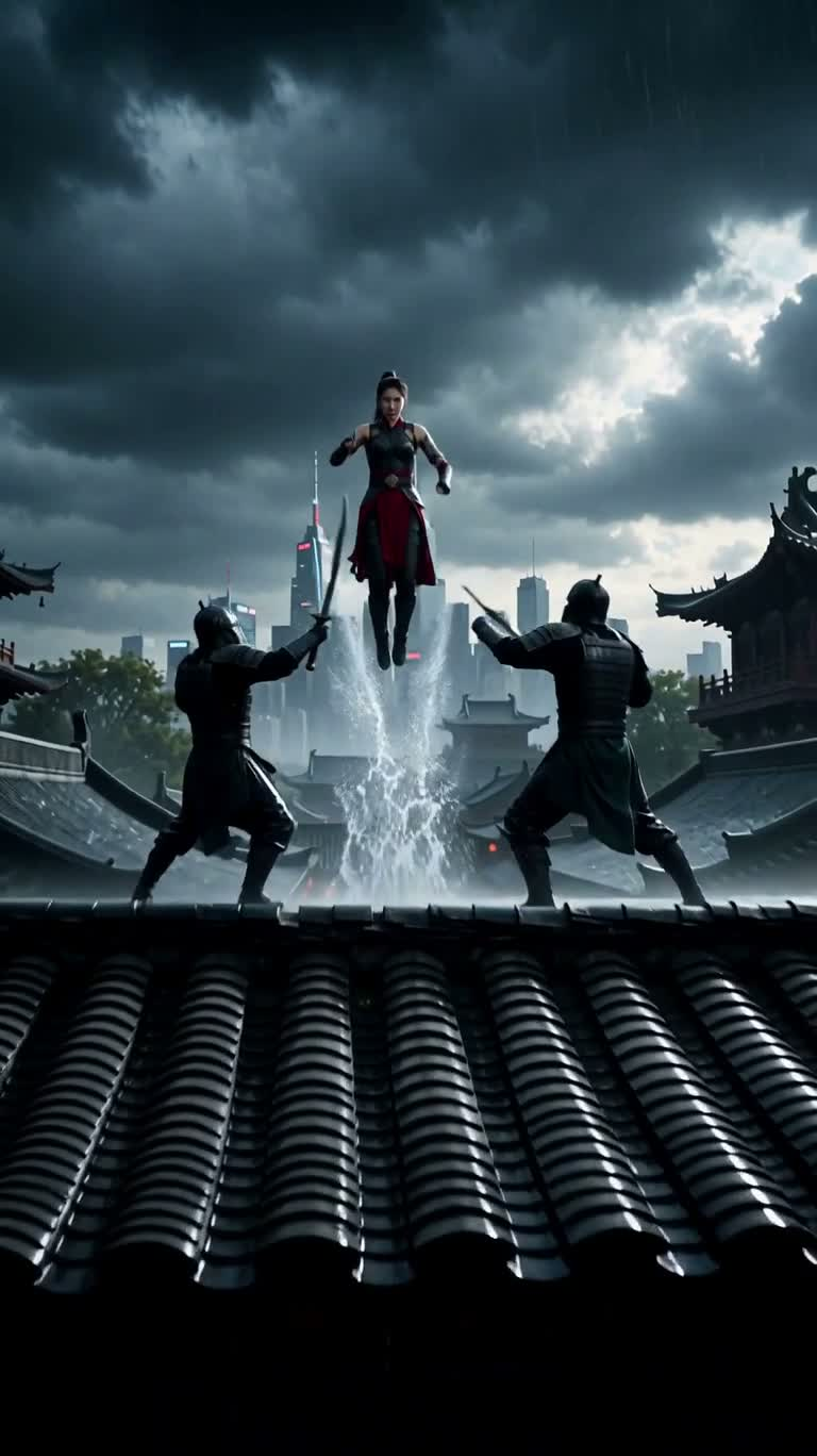 Shadow Female Warrior on a Stormy Rooftop