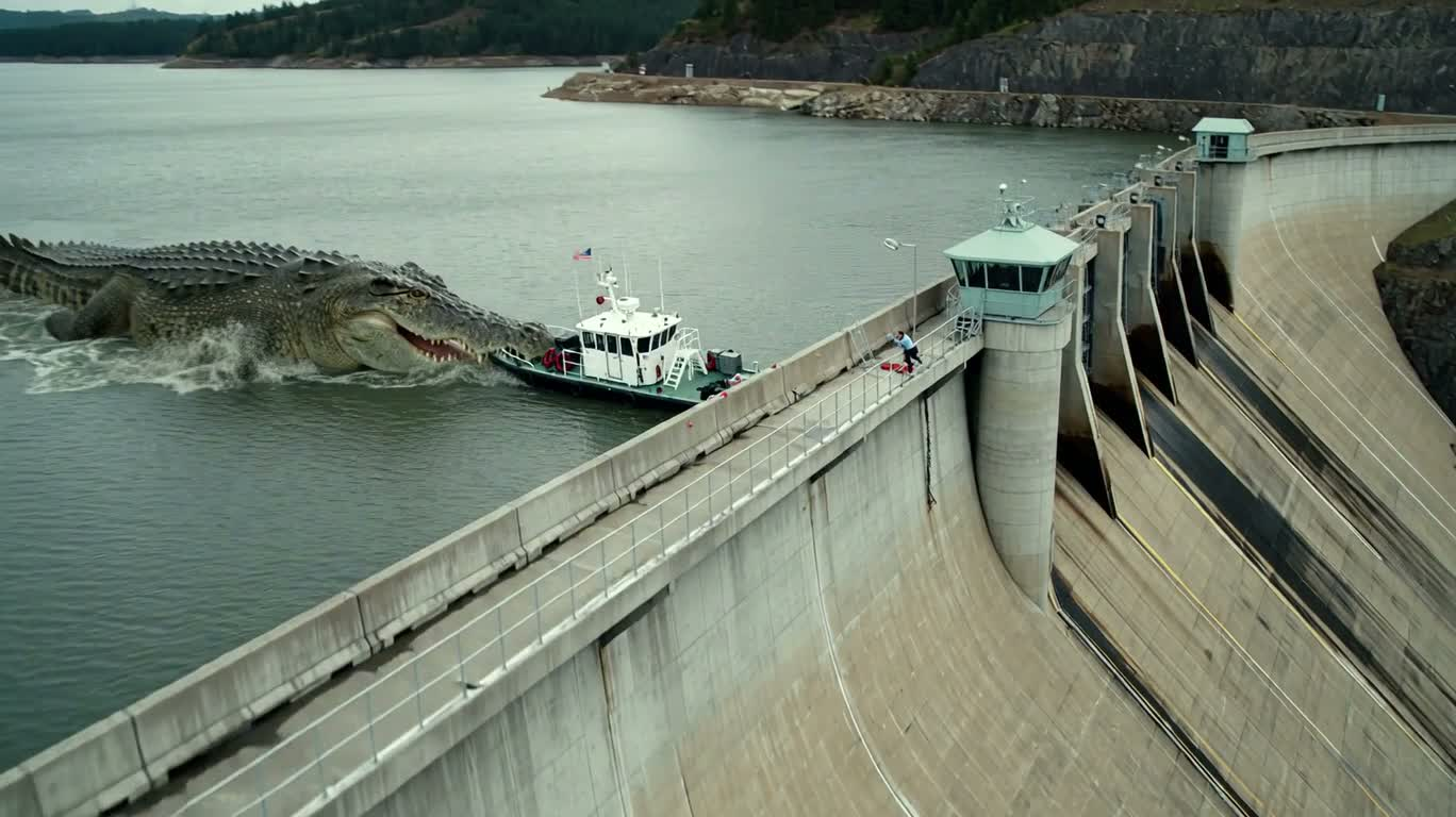 Crocodile Attacks the Dam and the Floodgate Counterattack — AI video creation