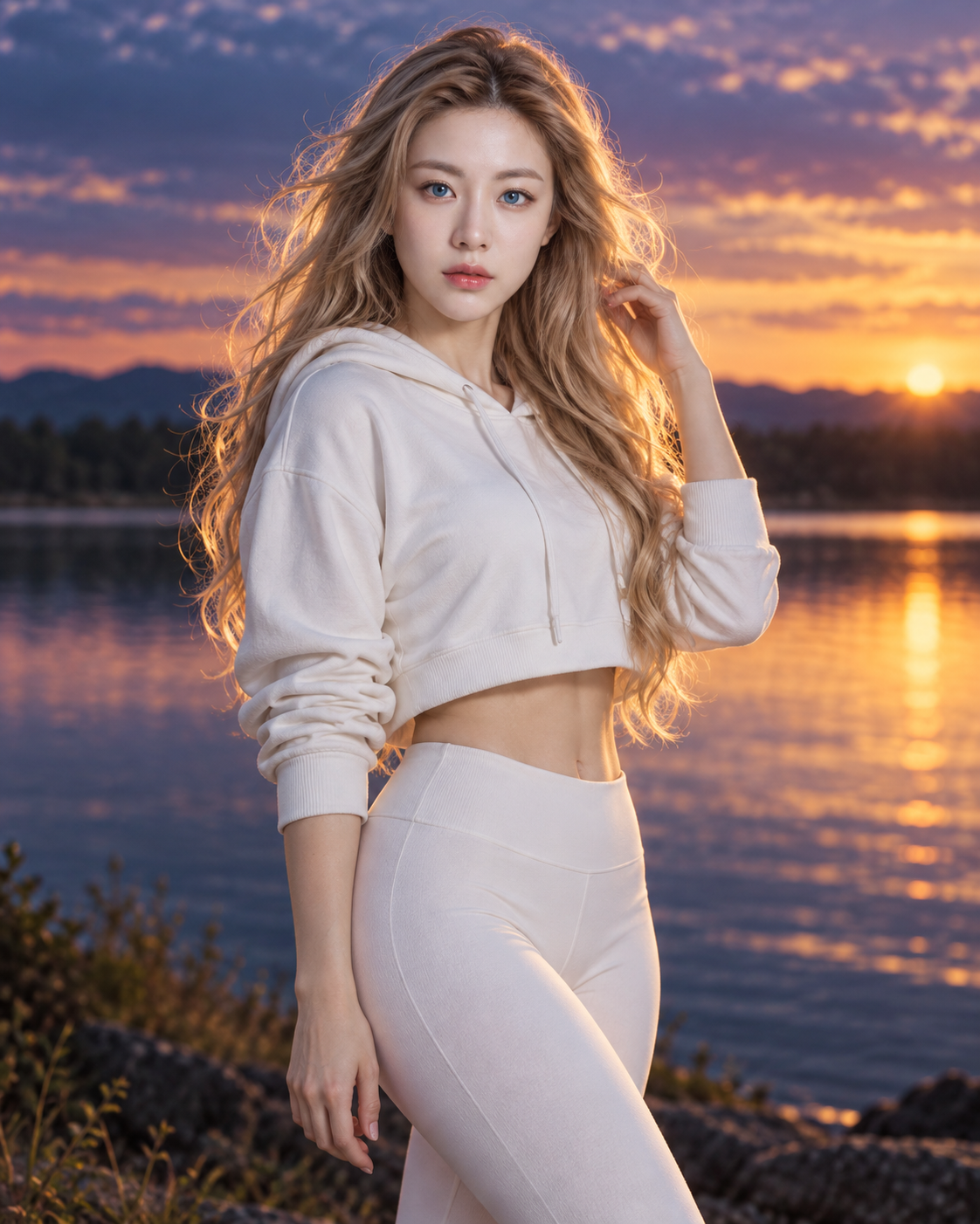 夕照湖畔的金发时尚肖像 — AI image creation