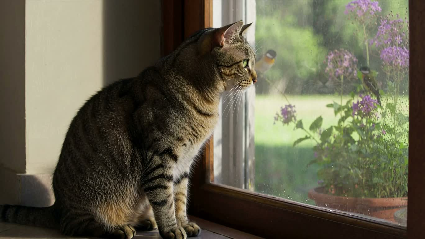 Cat Grooming After Birdwatching by the Window