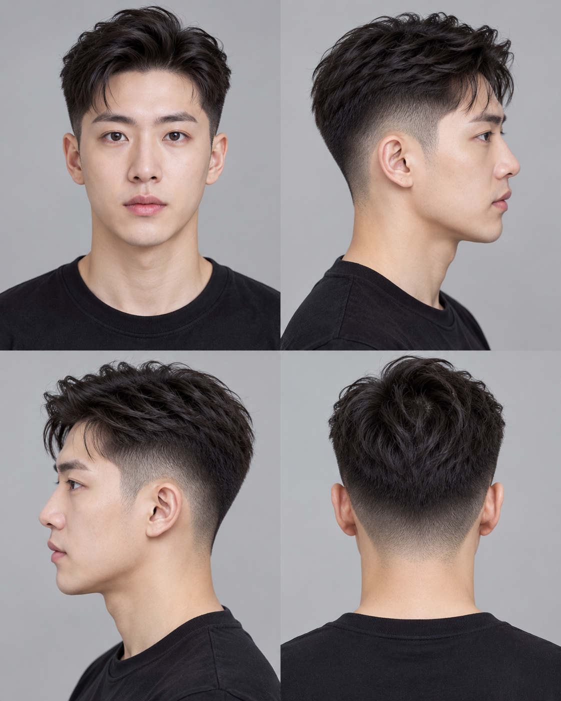 グラデーションショートヘアのスタイリッシュな男性のスタジオ四視点写真
