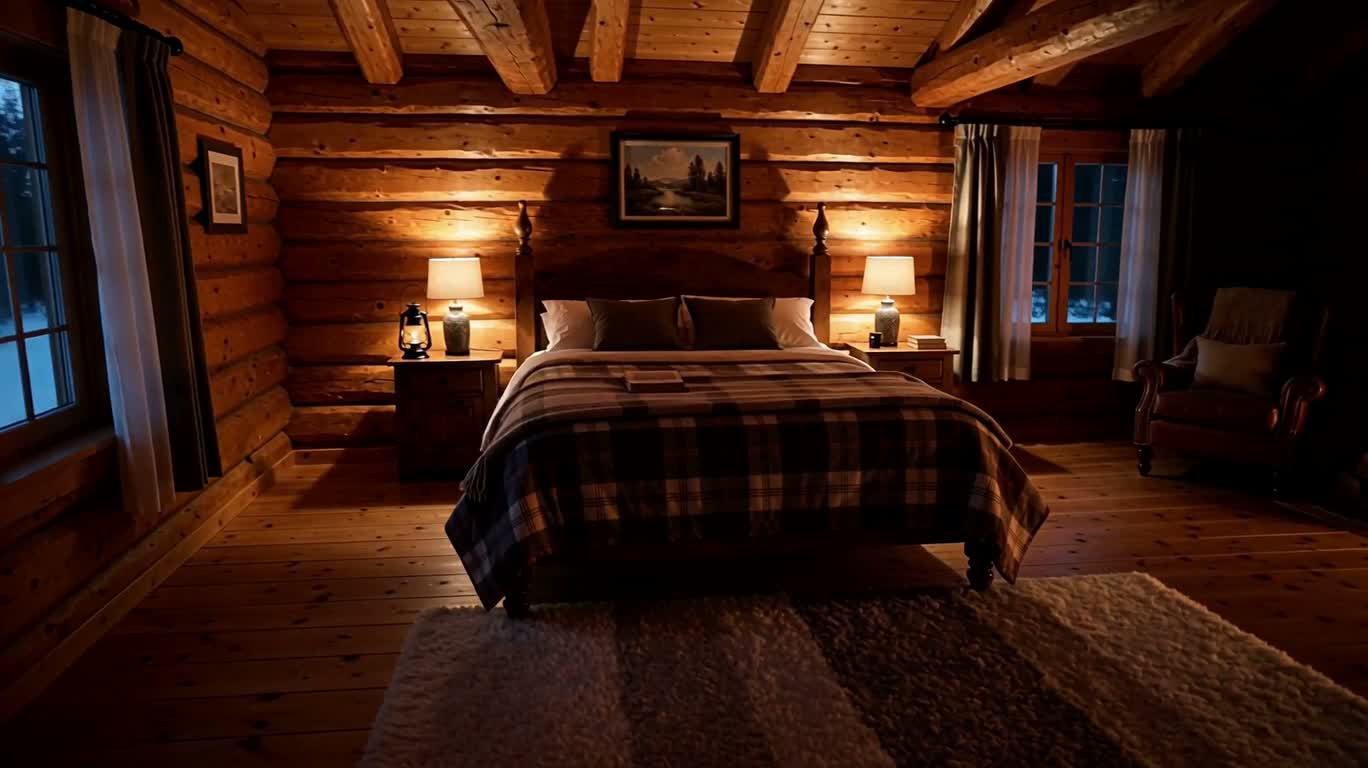Phòng ngủ trong cabin dưới ánh lửa