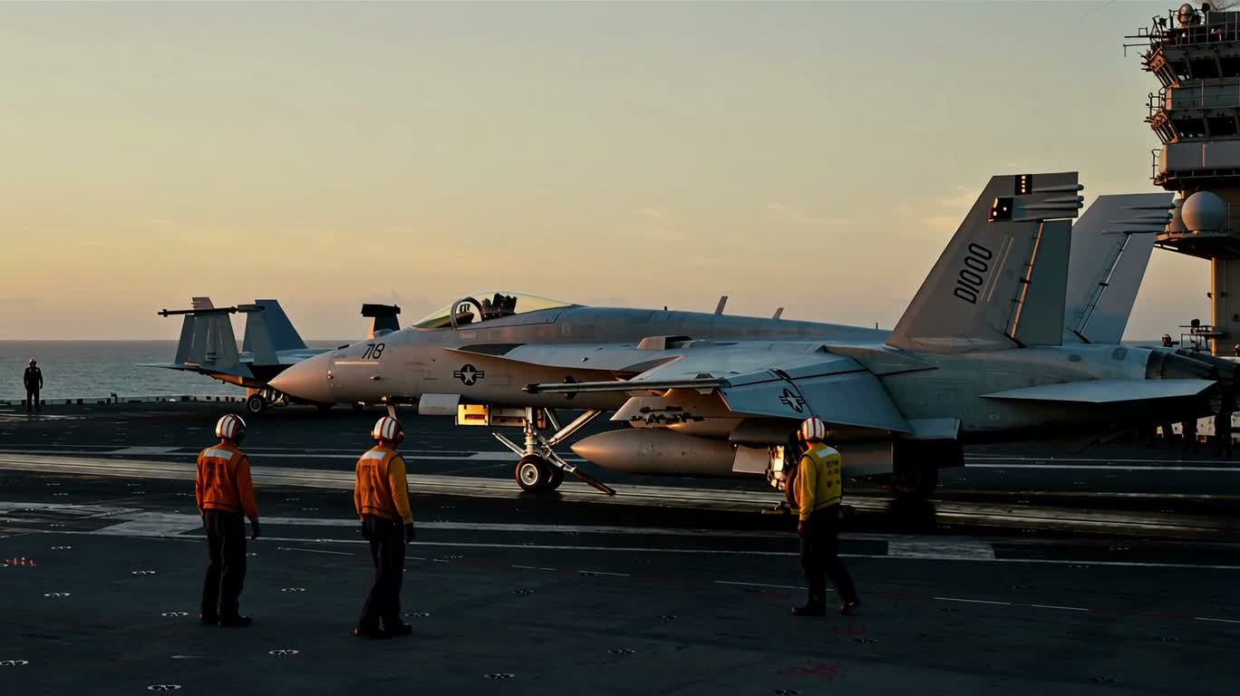 Catapultage sur porte-avions au coucher du soleil