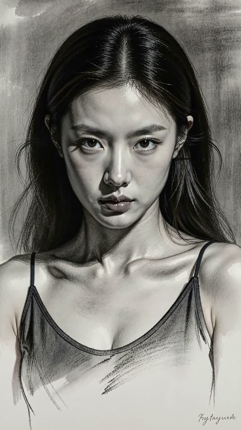 木炭のカンバスに燃える女性の肖像 — AI video creation