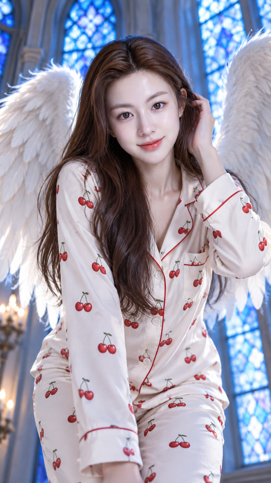 蓝色彩窗光中的樱桃睡衣天使肖像 — AI image creation
