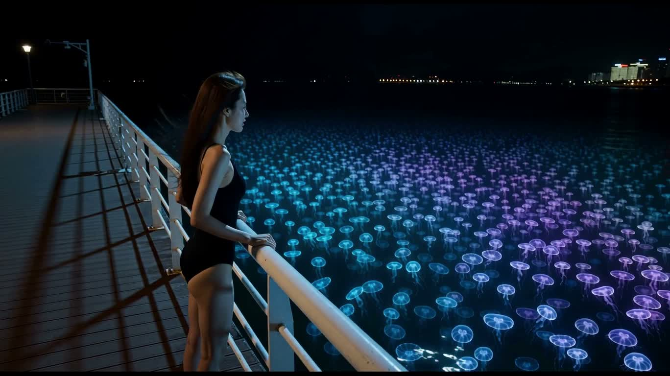 Prédateur préhistorique dans la baie aux méduses lumineuses — AI video creation