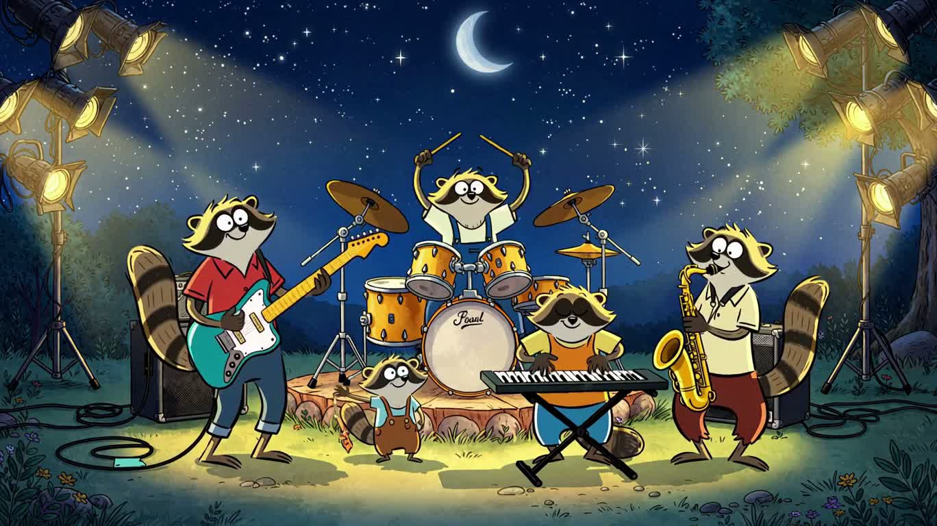 La joyeuse performance du groupe Raton Laveur Étoilé — AI video creation