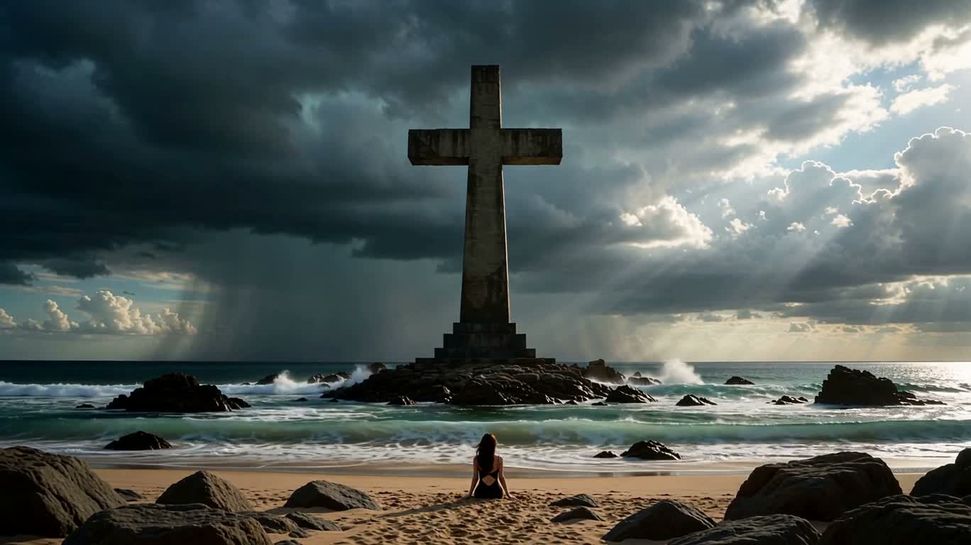 Croix sur la plage en tempête