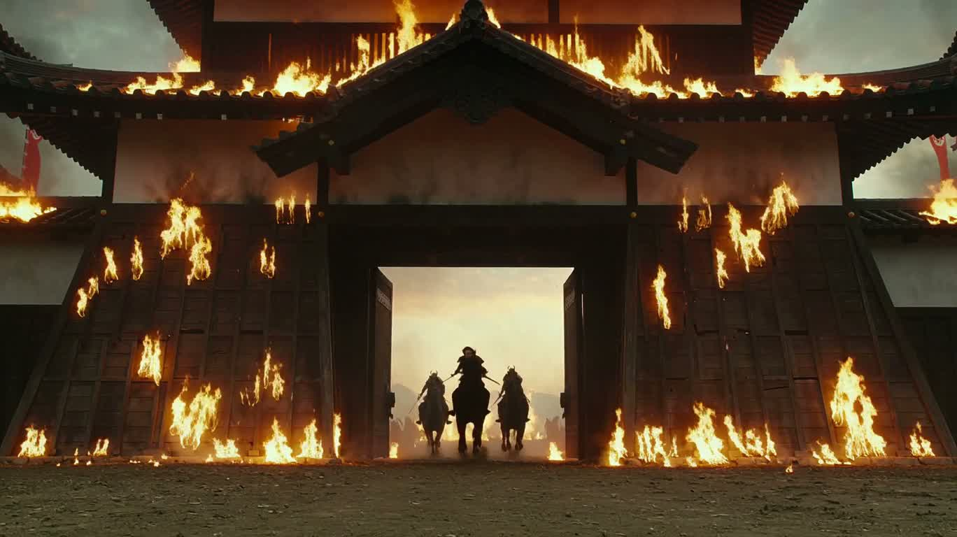 夜明けの突破:燃える城門の前の女武芸者