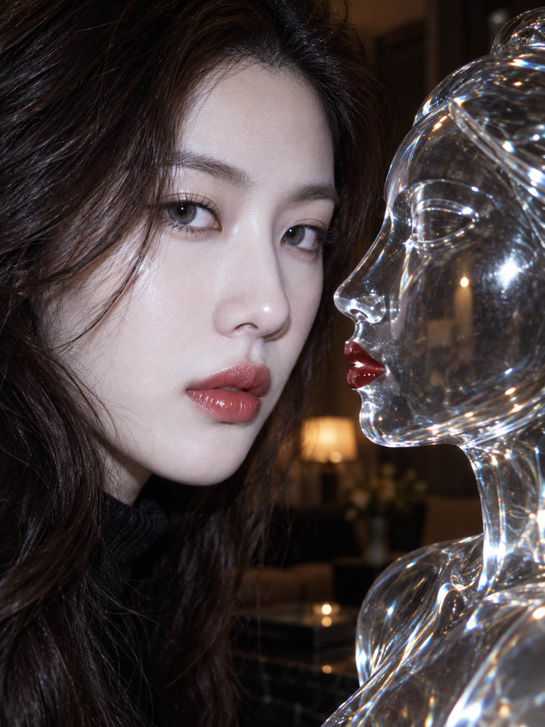 유리 반사 입술 그림자 야간 매크로 초상