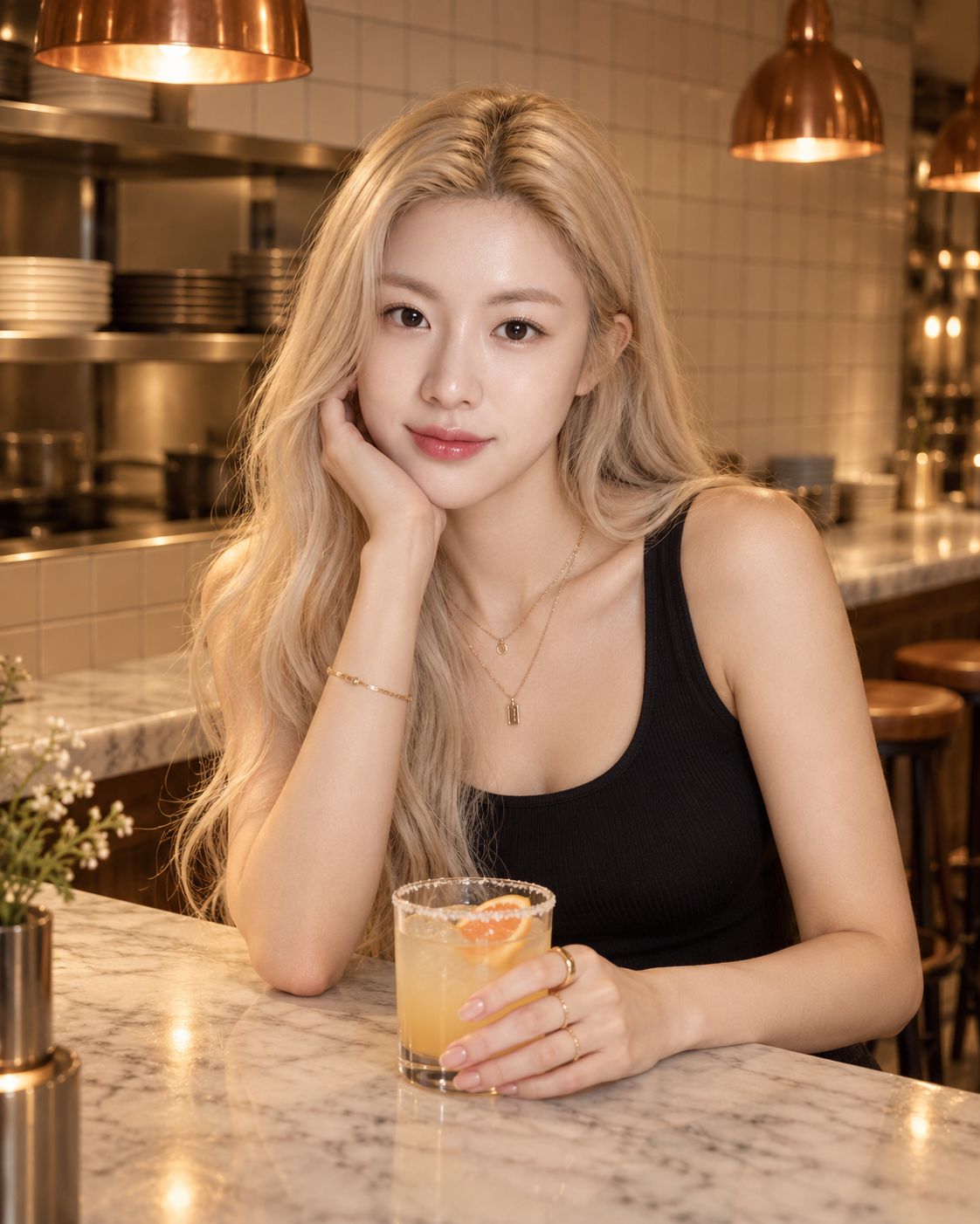 暖色铜灯餐厅吧台上的成年铂金发女性肖像