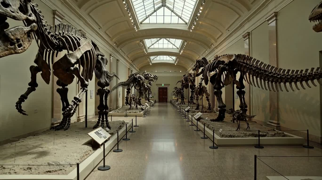 Salle d'exposition silencieuse de squelettes de dinosaures