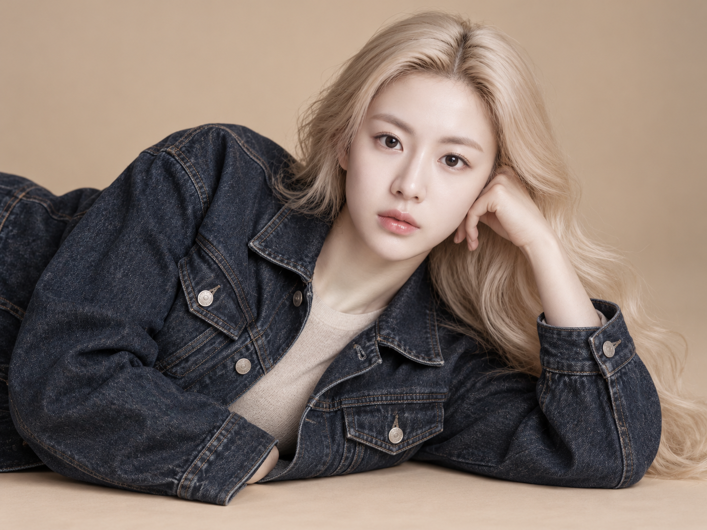 베이지 스튜디오의 백금발 카우보이 패션 포트레이트