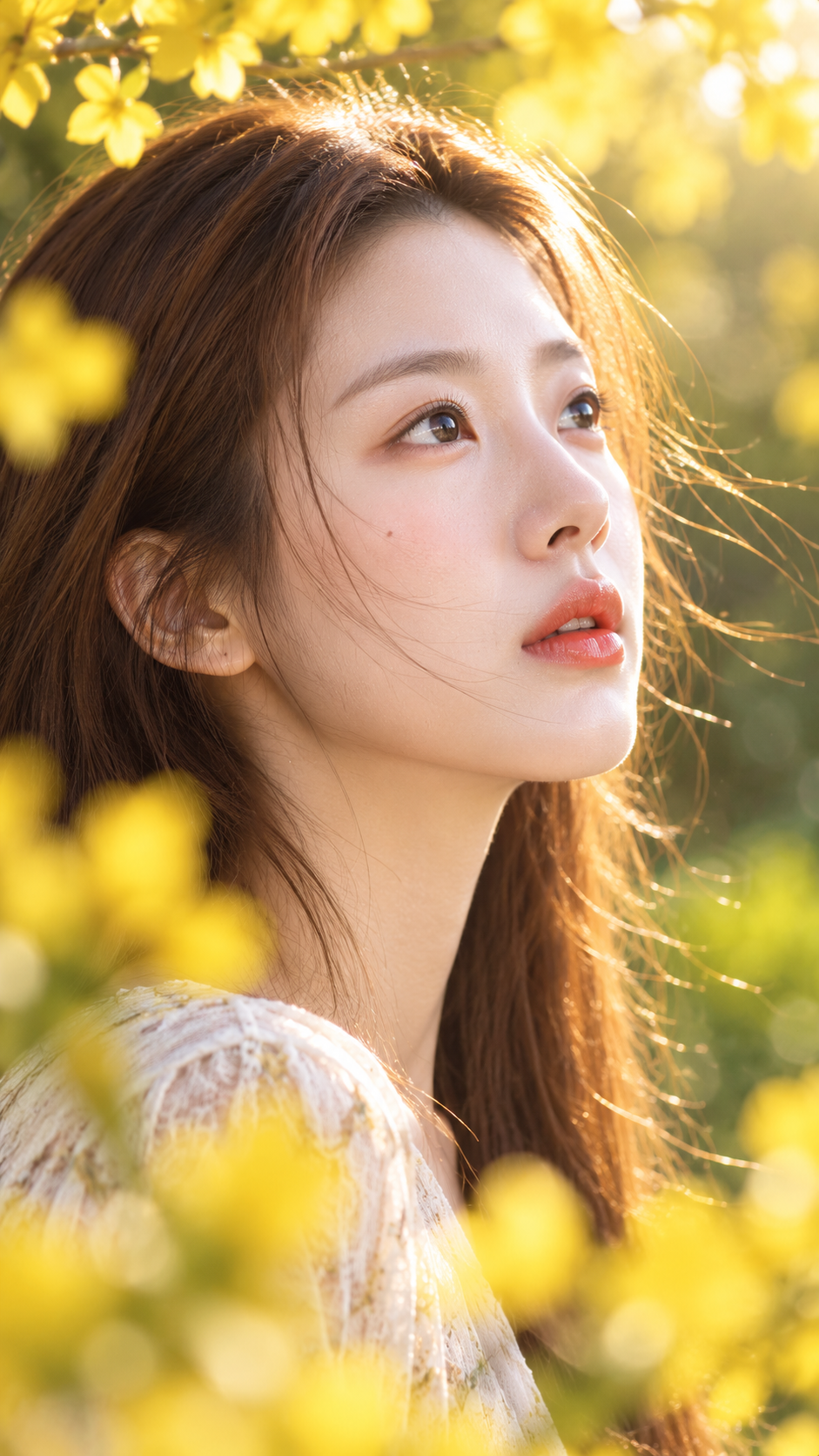 春日阳光下的东亚女性侧脸近景 — AI image creation