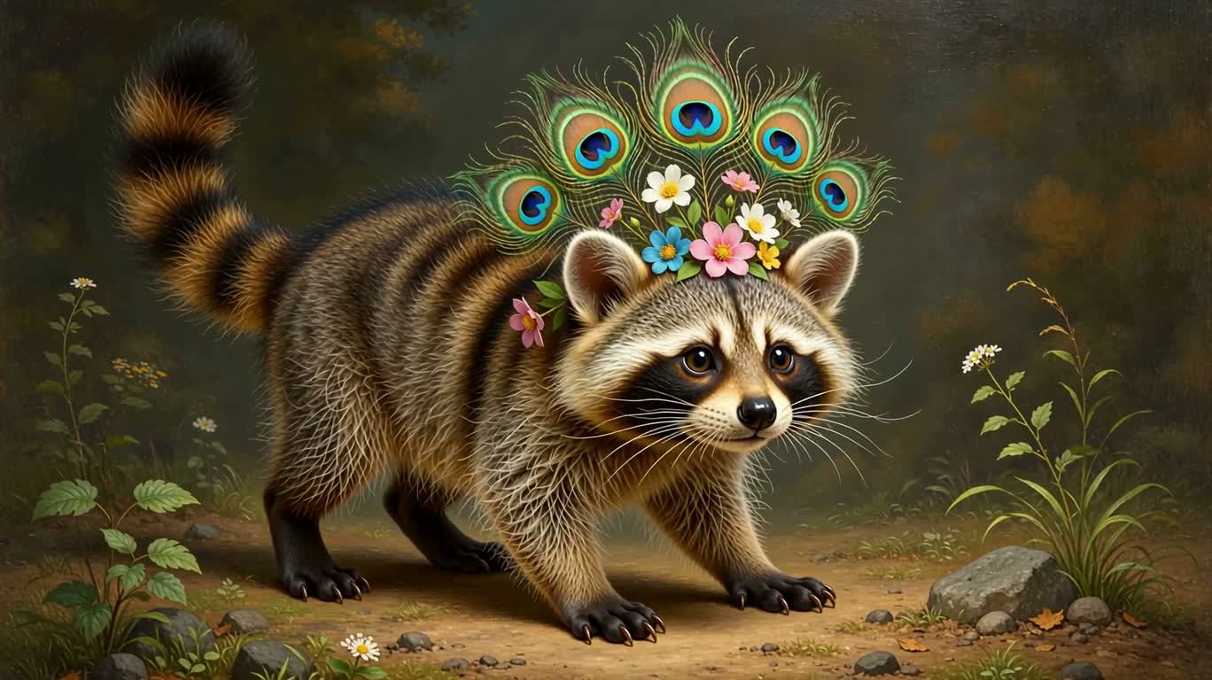Peacock-Crowned Raccoon Cub in the Wind