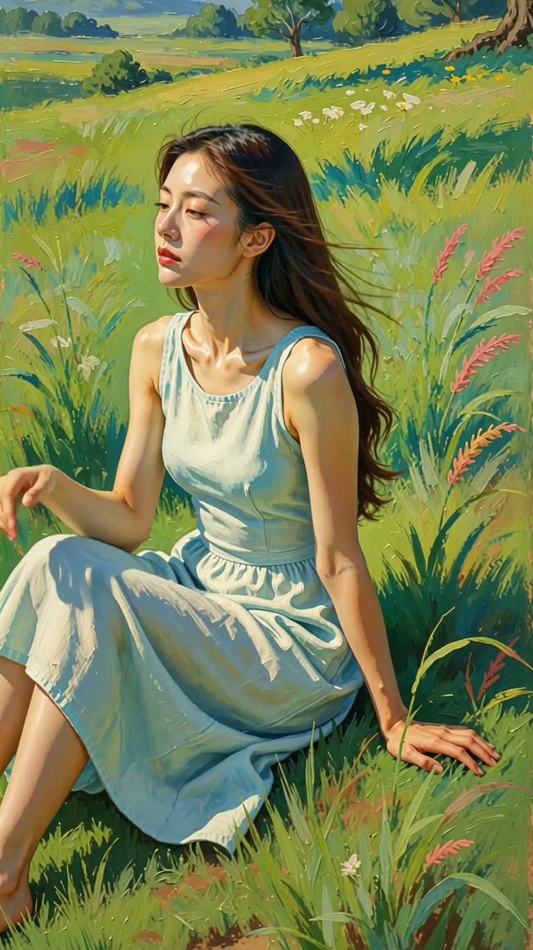 草地中的印象派女子