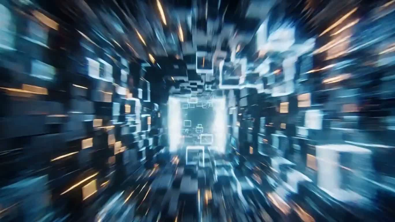 Sneakers néon glitch traversant le flux de données