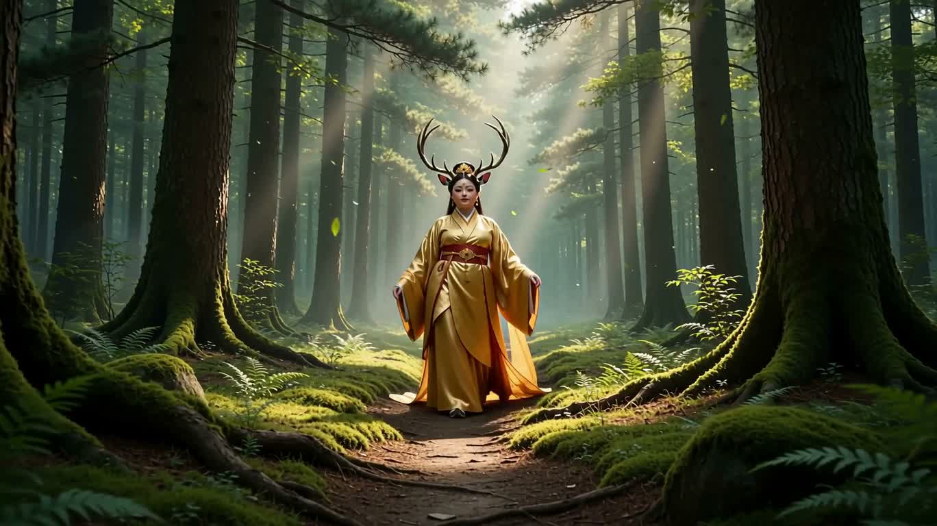Biche anthropomorphe en robe dorée dans la forêt profonde — AI video creation