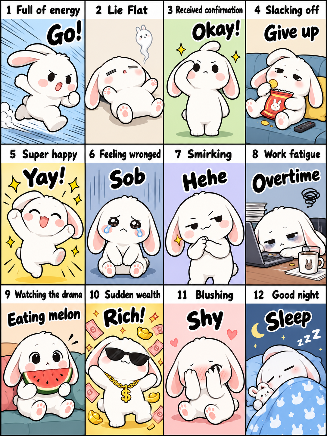Twelve Versatile Emotions of the Protagonist in Multi-Panel Comics — AI image creation
