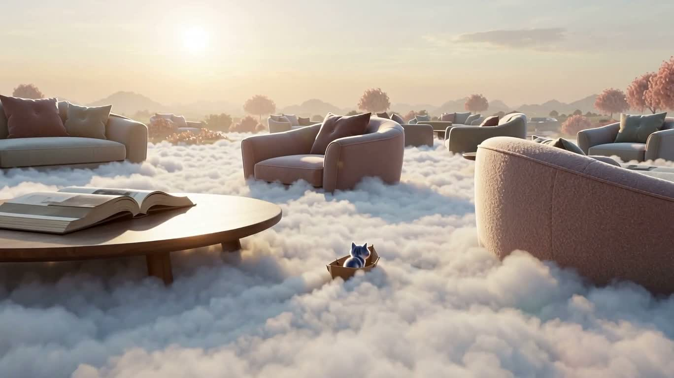 Fantasy Kitten on a Paper Boat in the Cloud River