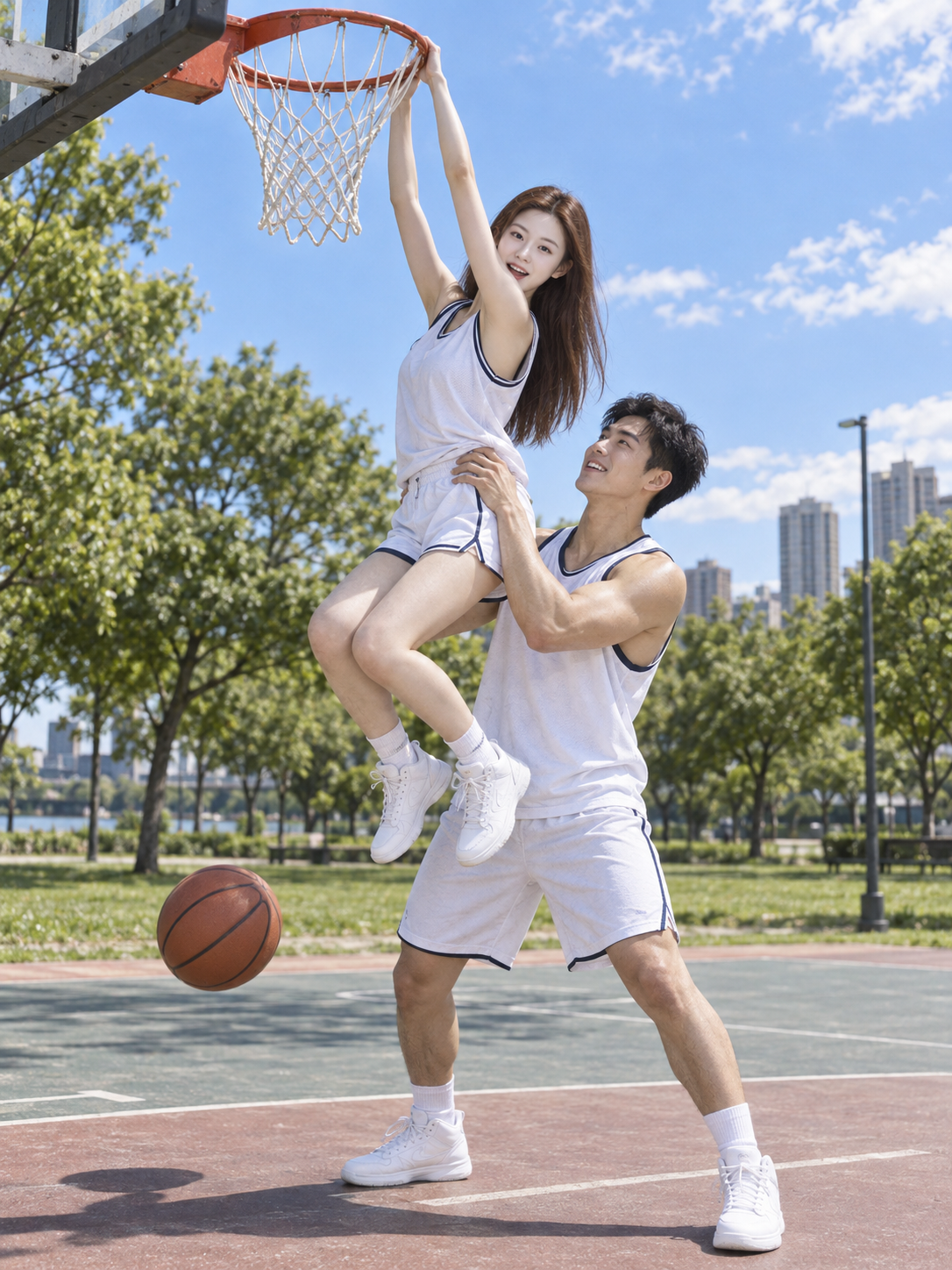 阳光球场上的情侣助攻扣篮抓拍