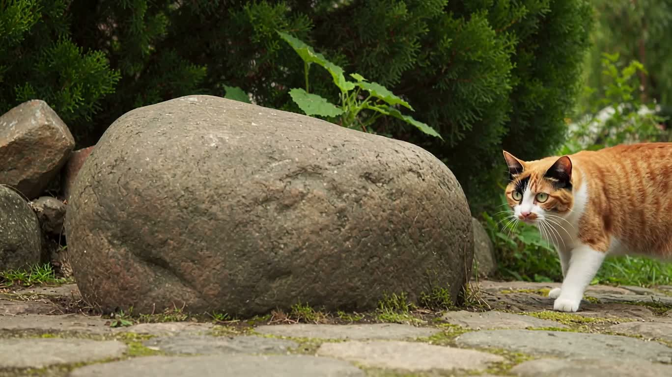 岩の周りを左へ走る猫