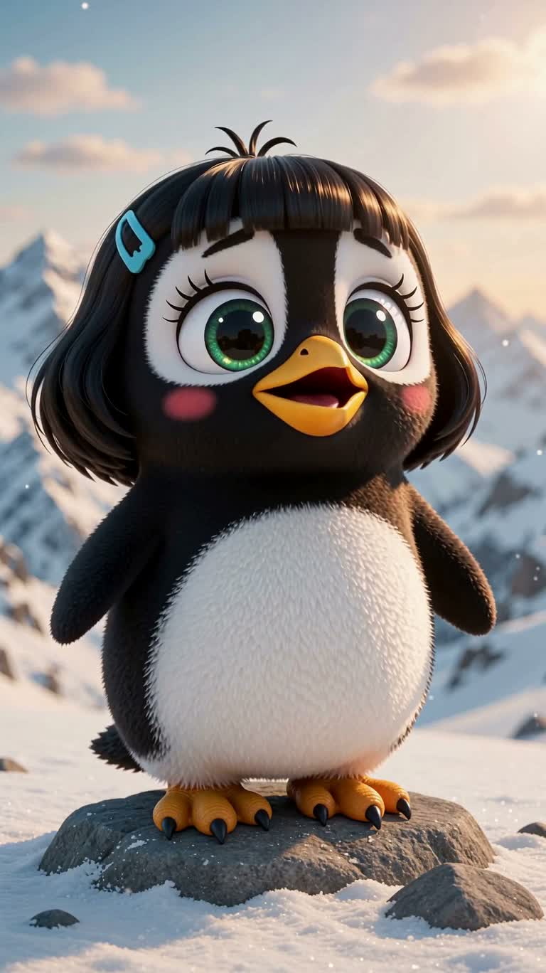 雪山之巅的企鹅亲吻手势