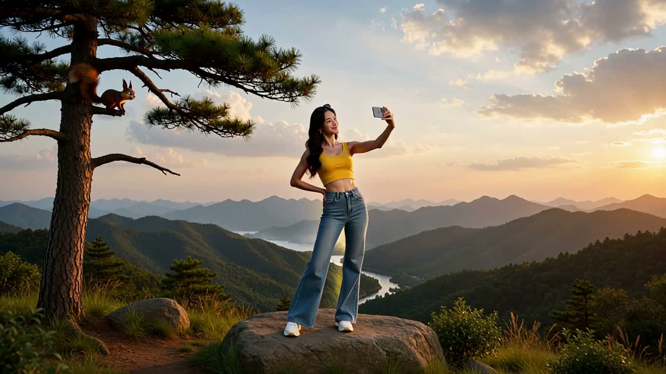 Sóc tự sướng náo loạn đỉnh núi hoàng hôn