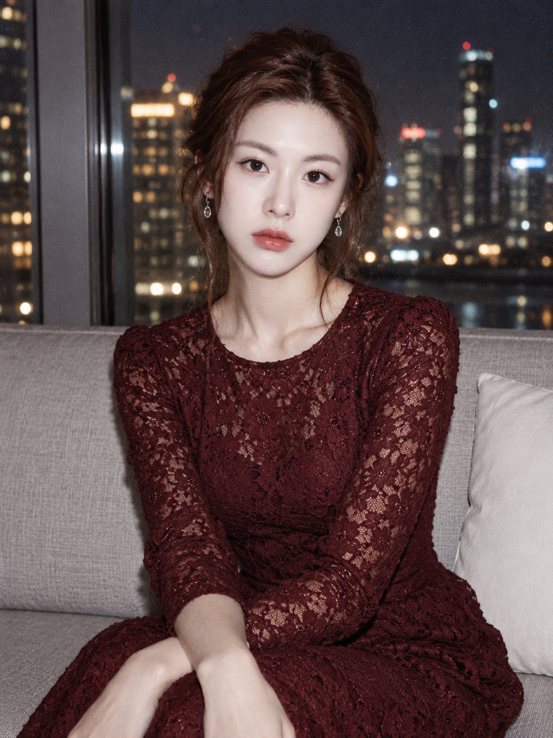 밤 도시 창가의 빈티지 와인 레드 드레스 초상