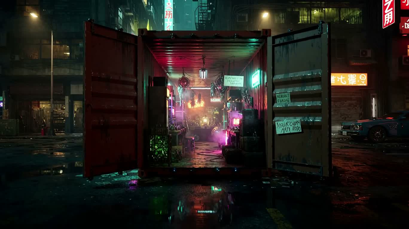 Tiệm đồ cũ khoa học viễn tưởng trong container neon