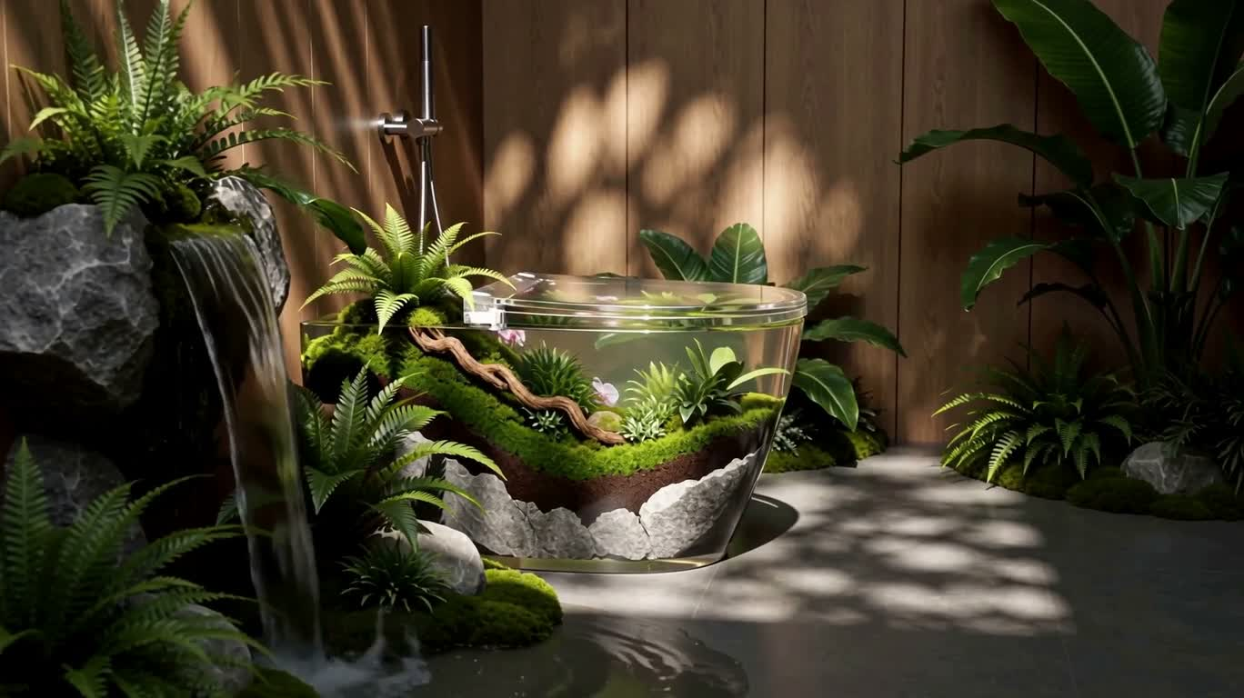 熱帯雨林の木陰に佇む苔むした樹脂製トイレ