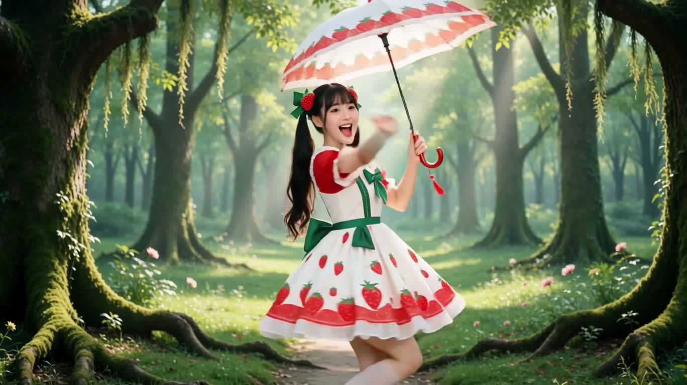 草莓裙少女的森林伞舞 — AI video creation