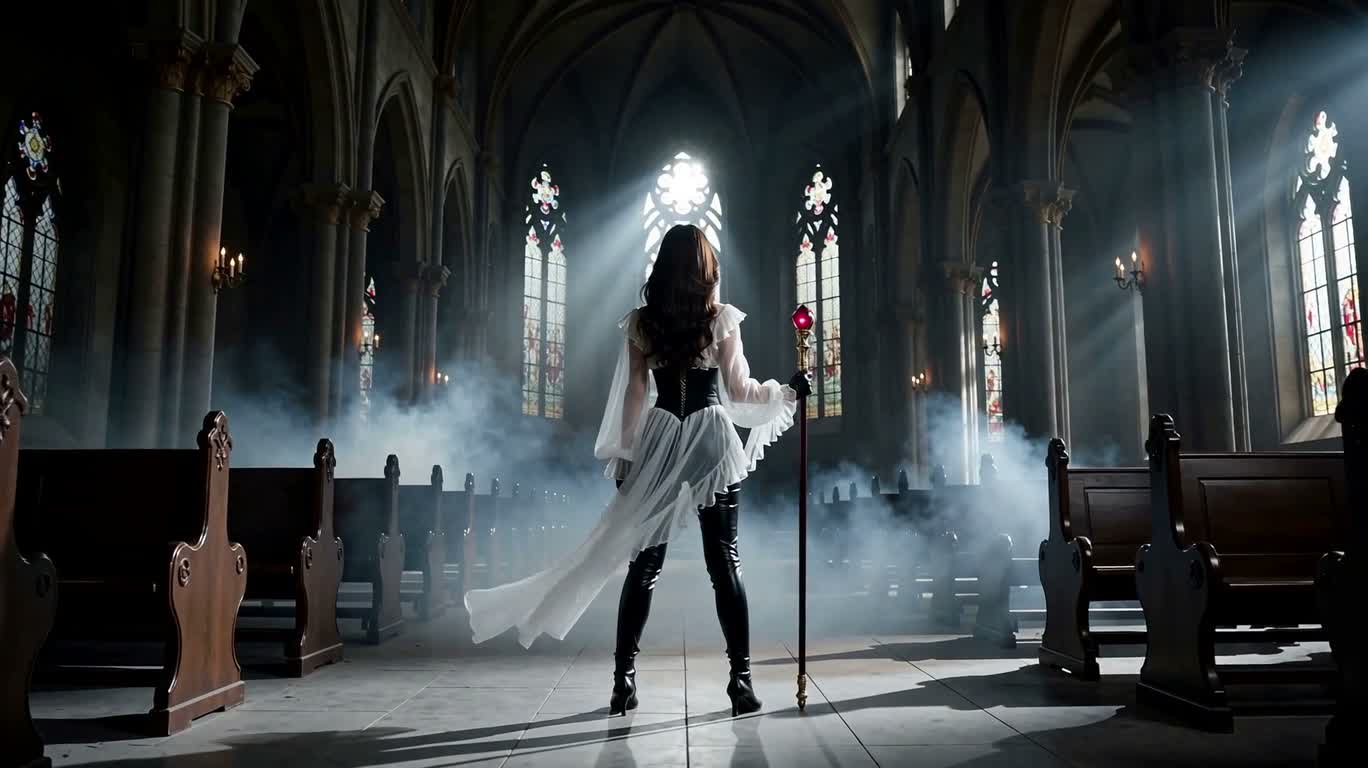 Ruby Battle Dancer in a Gothic Cathedral