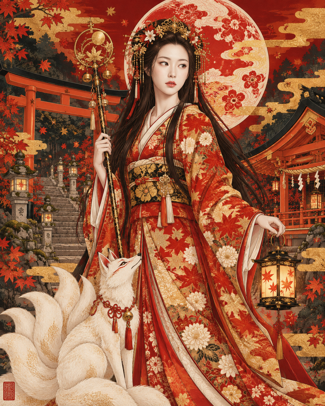 紅金の浮世絵 着物の女性と白い九尾の狐