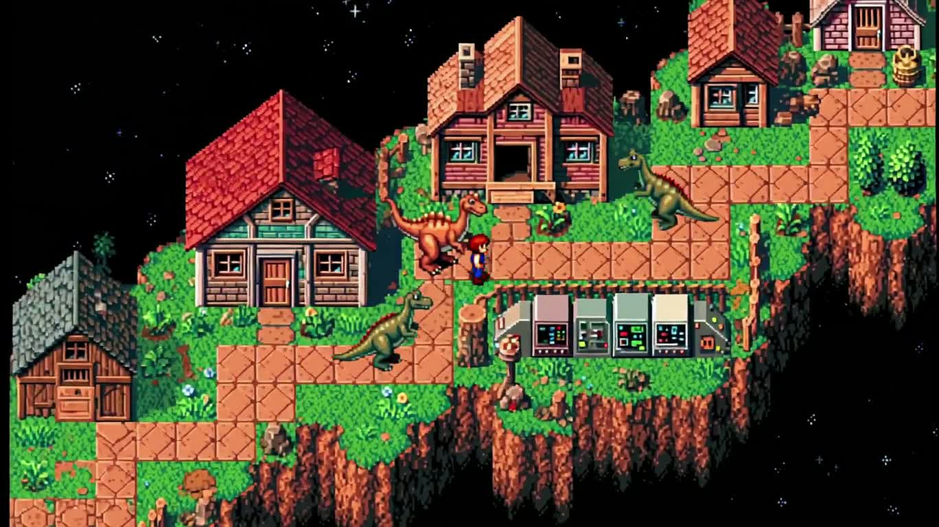 Cuộc phiêu lưu làng vũ trụ khủng long pixel retro 1985
