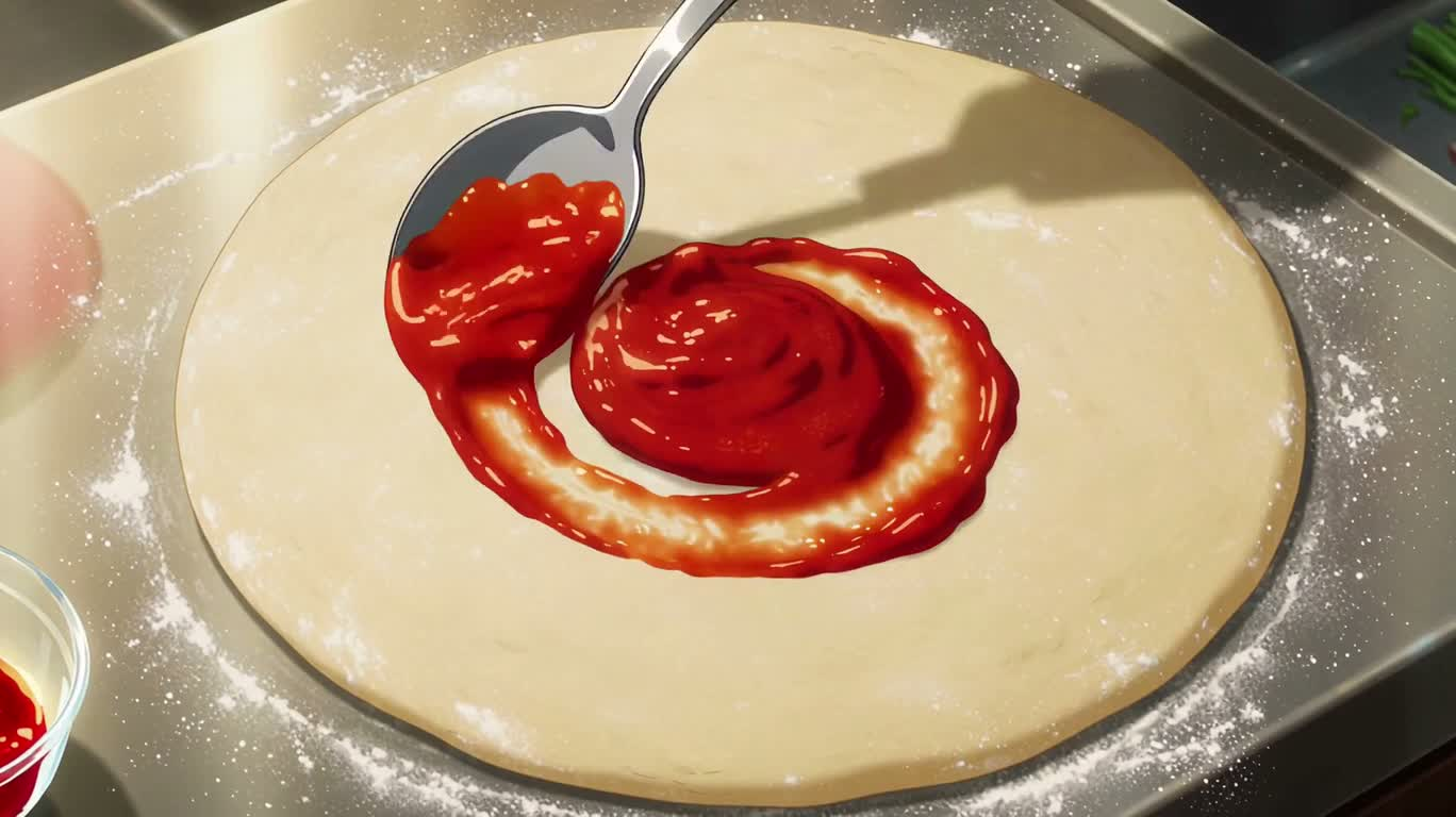 Préparation de pizza pepperoni au fromage style anime