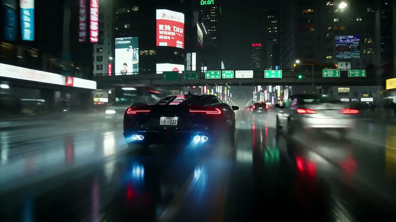 Phố neon đêm mưa: siêu xe biến hình đại chiến quái thú khổng lồ